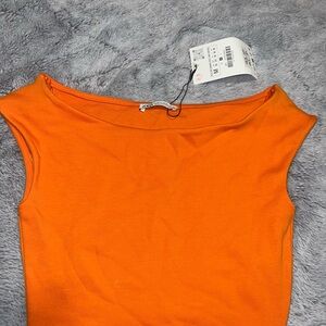 Orange Sleeveless Tank Top with Wide Neckline